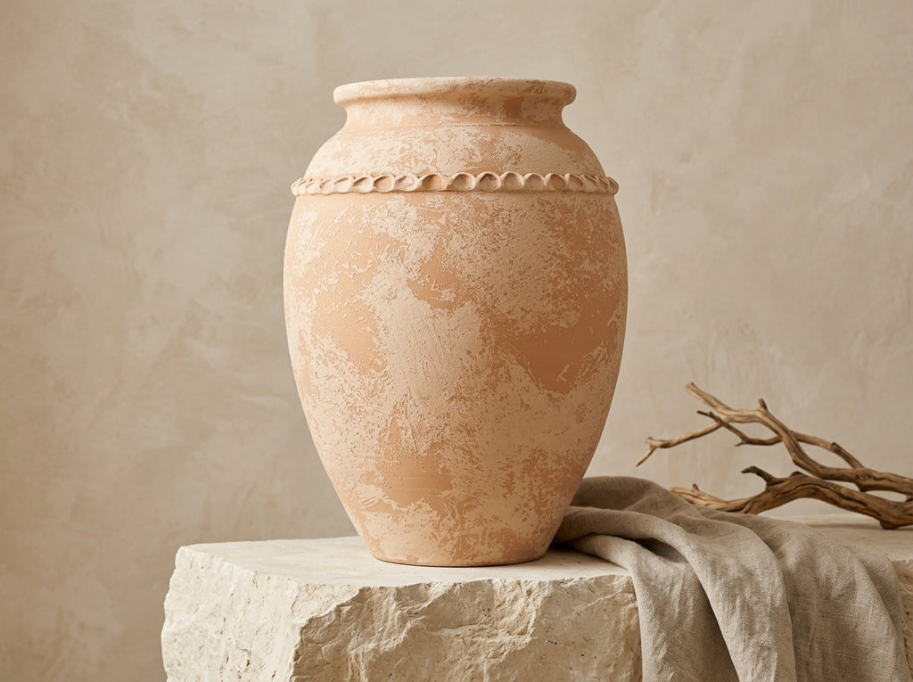Vase rustique en terre cuite beige avec finition texturée et relief décoratif