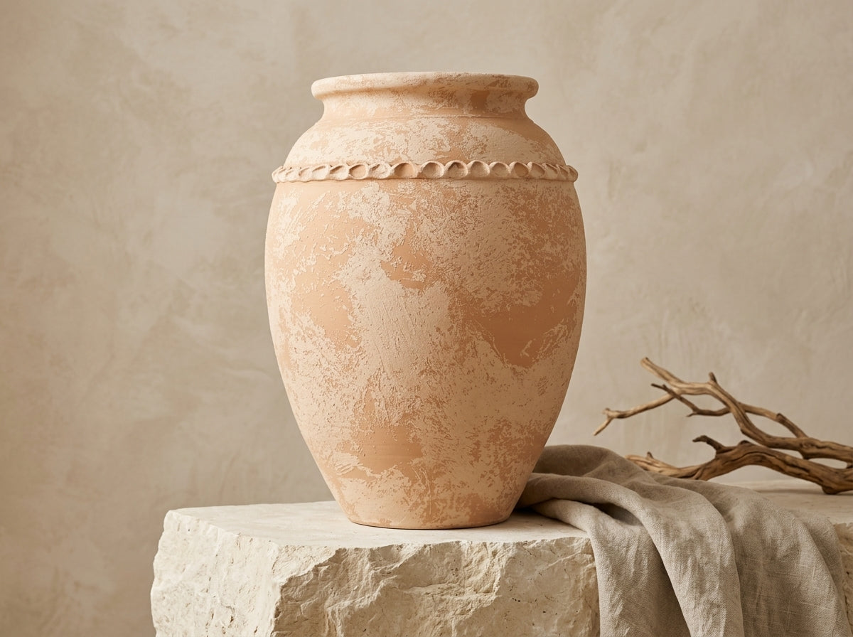Vase rustique en terre cuite beige avec finition texturée et relief décoratif