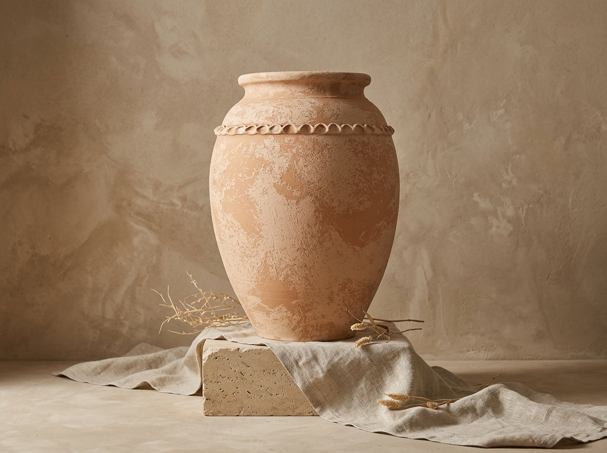 Vase rustique en terre cuite beige avec finition texturée et relief décoratif