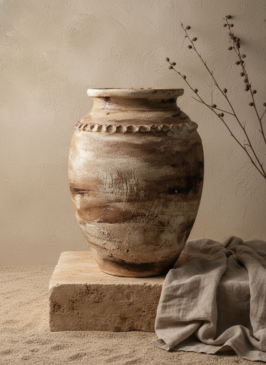 Vase décoratif rustique en terre cuite avec finition terreuse vieillie et bordure texturée