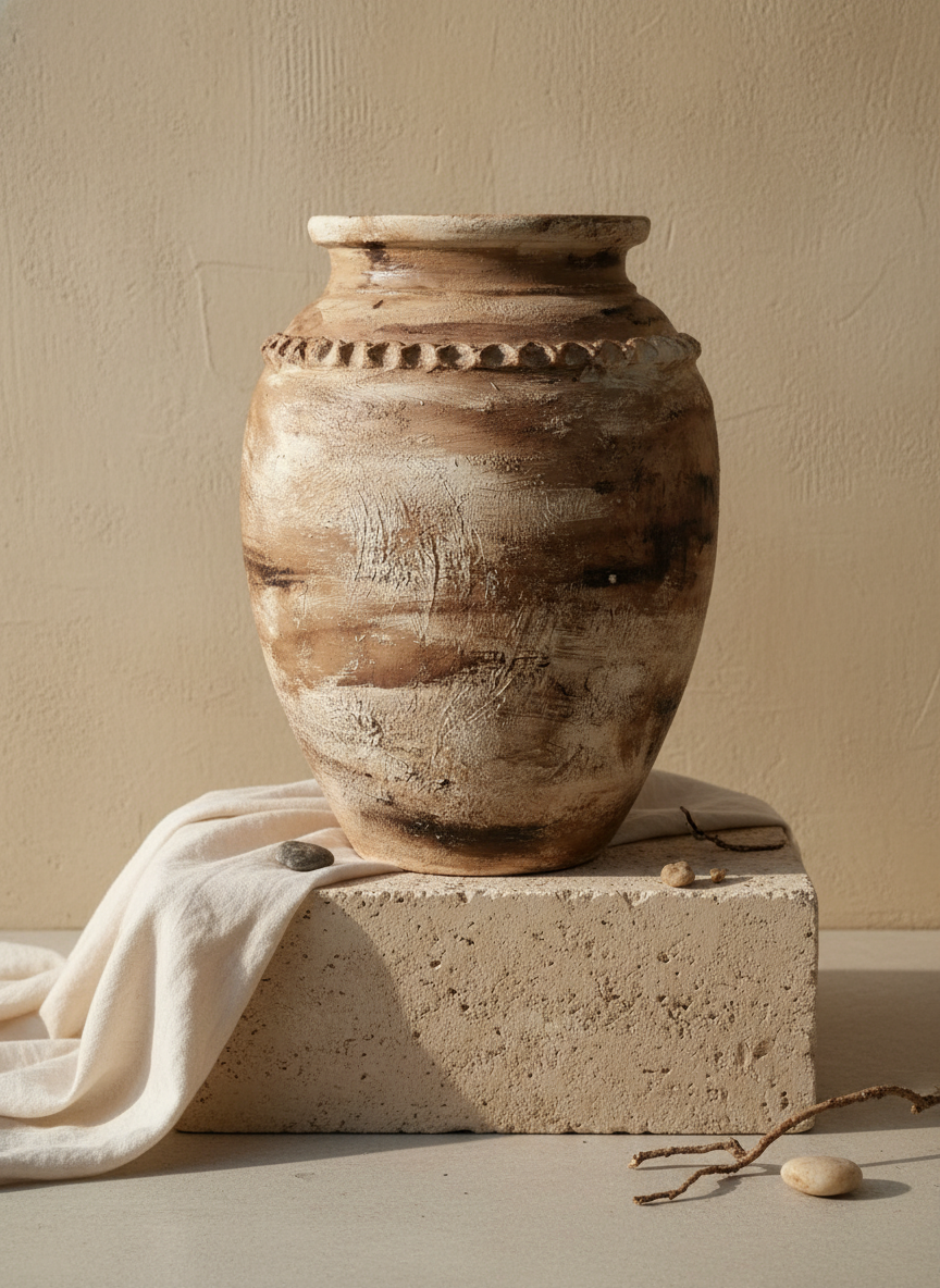 Rustikale dekorative Terrakotta-Vase mit verwitterter, erdiger Oberfläche und strukturiertem Rand