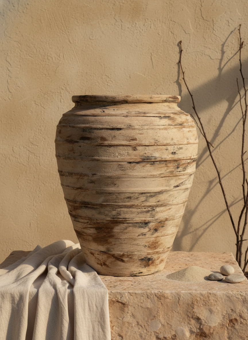 Rustic Beige Terracotta Plant Pot with Distressed Textured Ribbed Finish