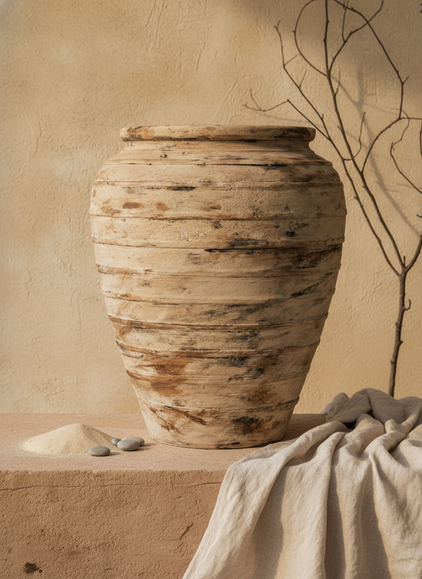 Rustic Beige Terracotta Plant Pot with Distressed Textured Ribbed Finish