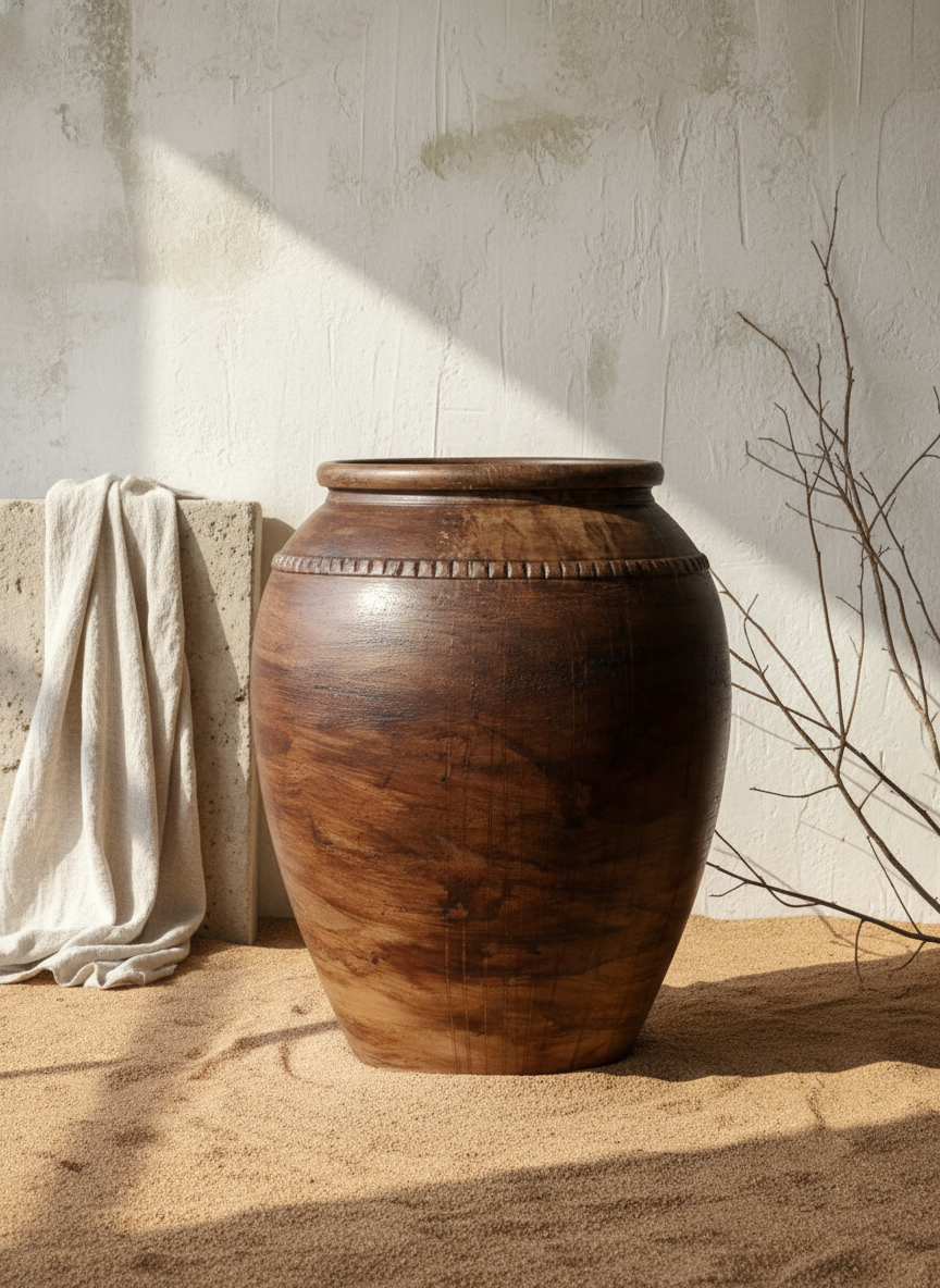 Jardinière de sol rustique en terre cuite marron, à corps arrondi et finition texturée