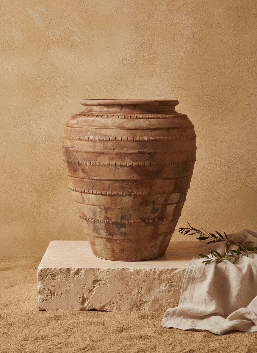 Vase de sol rustique en terre cuite brune à bandes texturées et patine