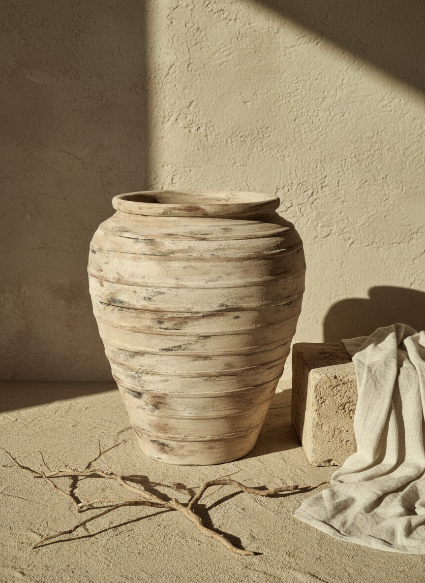 Pot de fleurs rustique en terre cuite beige avec finition côtelée texturée vieillie