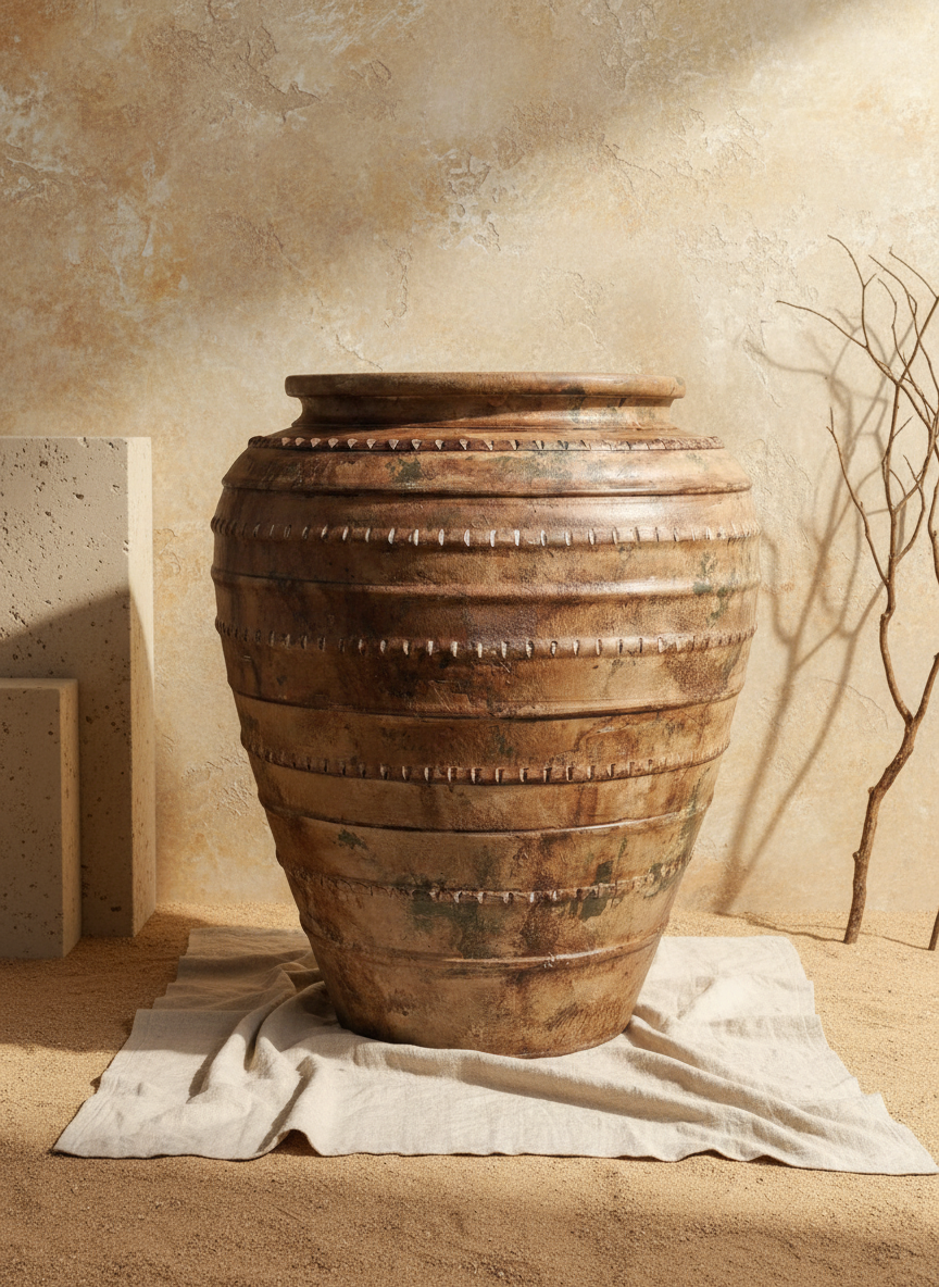 Vase de sol rustique en terre cuite brune à bandes texturées et patine