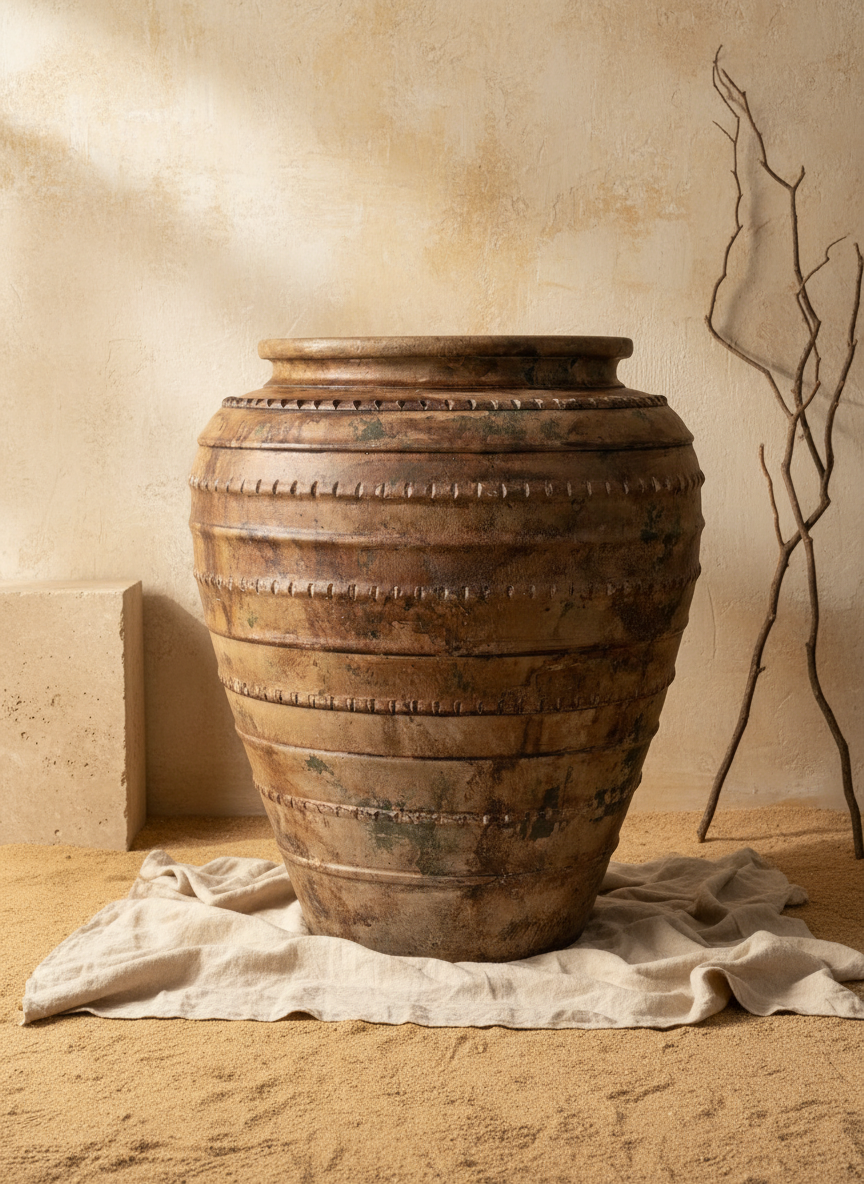 Vaso da Terra Rustico in Terracotta Marrone con Bande Testurizzate e Patina