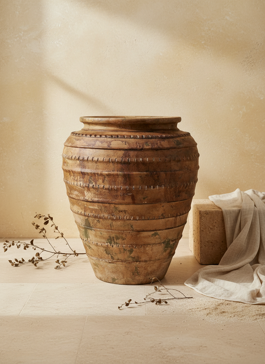 Vase de sol rustique en terre cuite brune à bandes texturées et patine