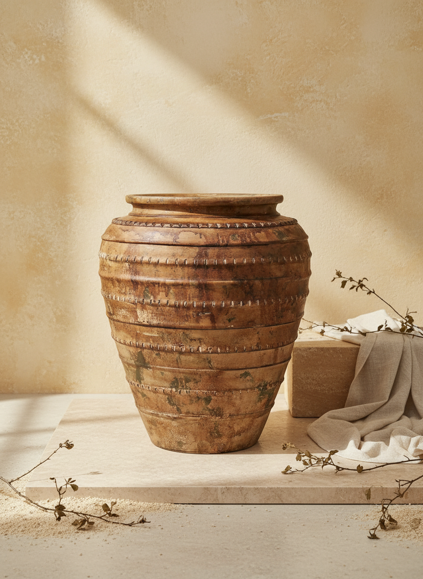 Vase de sol rustique en terre cuite brune à bandes texturées et patine