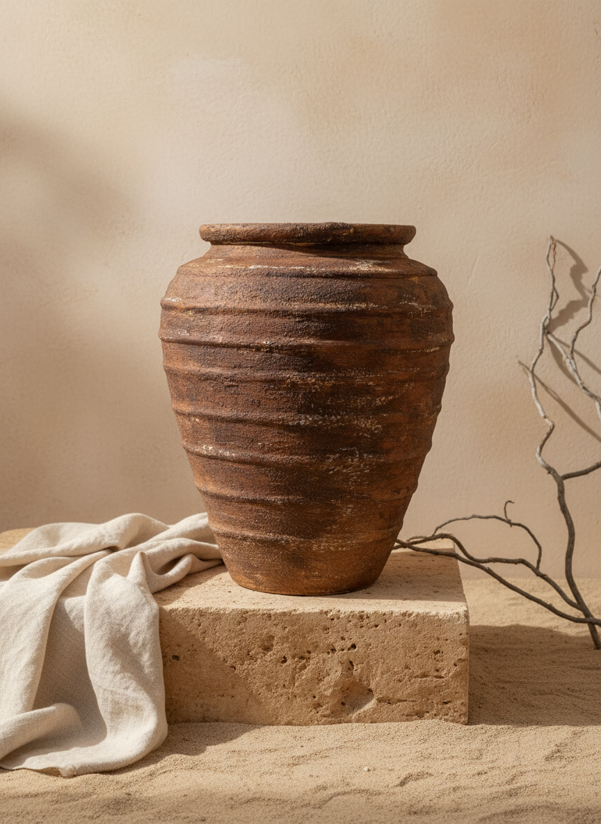 Vaso da Piante Rustico in Terracotta Marrone con Forma Conica Scanalata Testurizzata