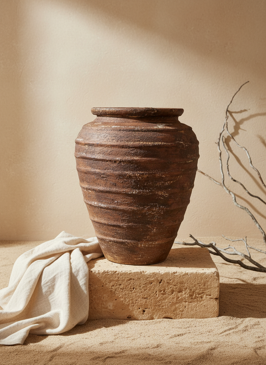 Vaso da Piante Rustico in Terracotta Marrone con Forma Conica Scanalata Testurizzata