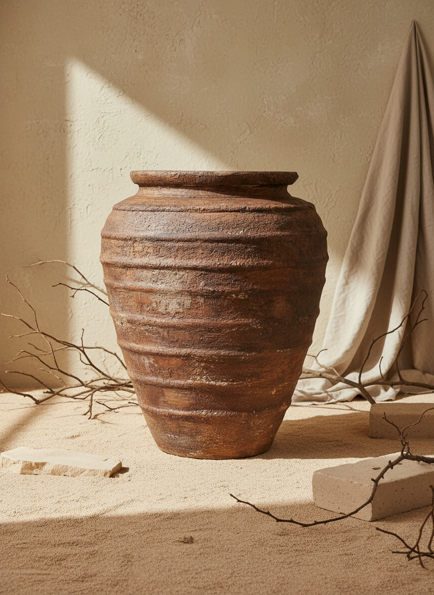 Vaso da Piante Rustico in Terracotta Marrone con Forma Conica Scanalata Testurizzata