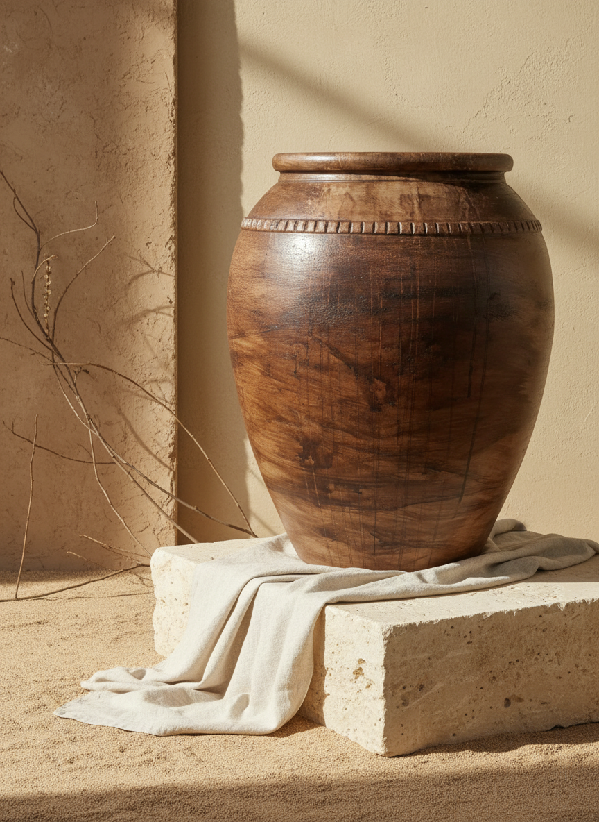 Jardinière de sol rustique en terre cuite marron, à corps arrondi et finition texturée