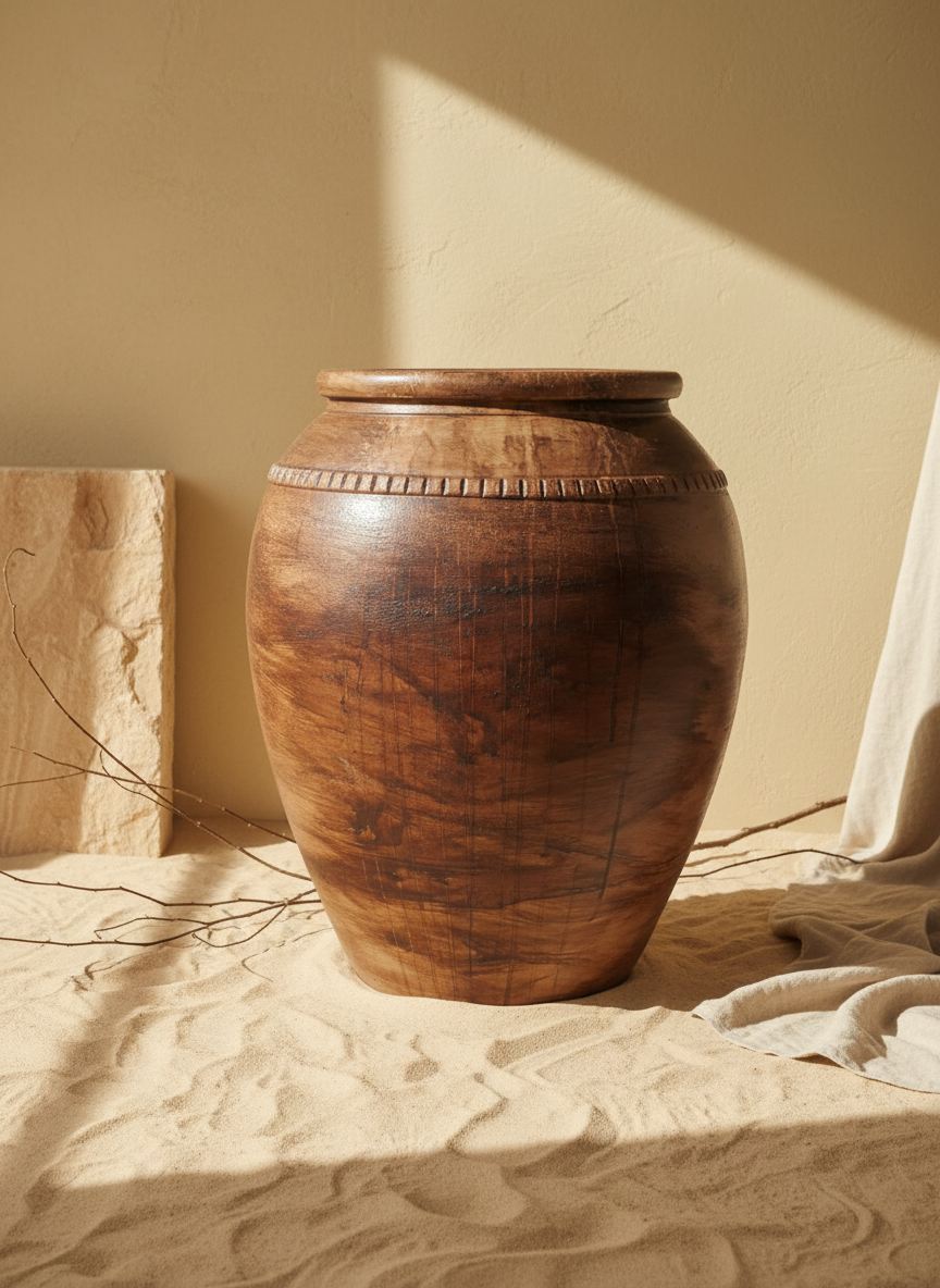 Jardinière de sol rustique en terre cuite marron, à corps arrondi et finition texturée