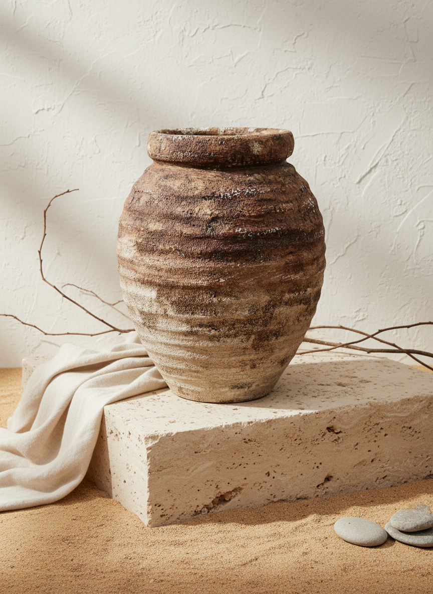 Vase rustique en terre cuite marron à surface texturée et silhouette arrondie