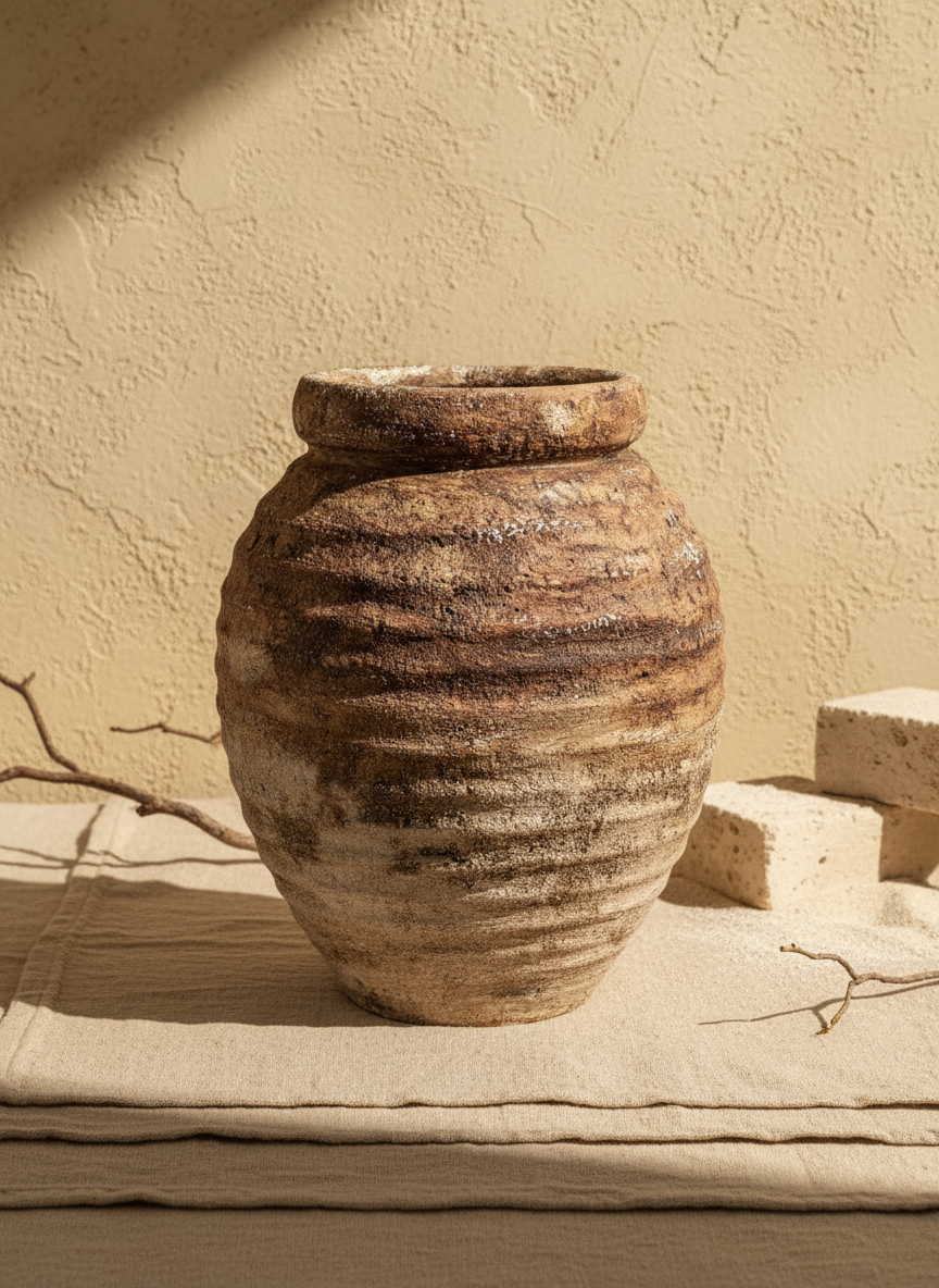 Vase rustique en terre cuite marron à surface texturée et silhouette arrondie