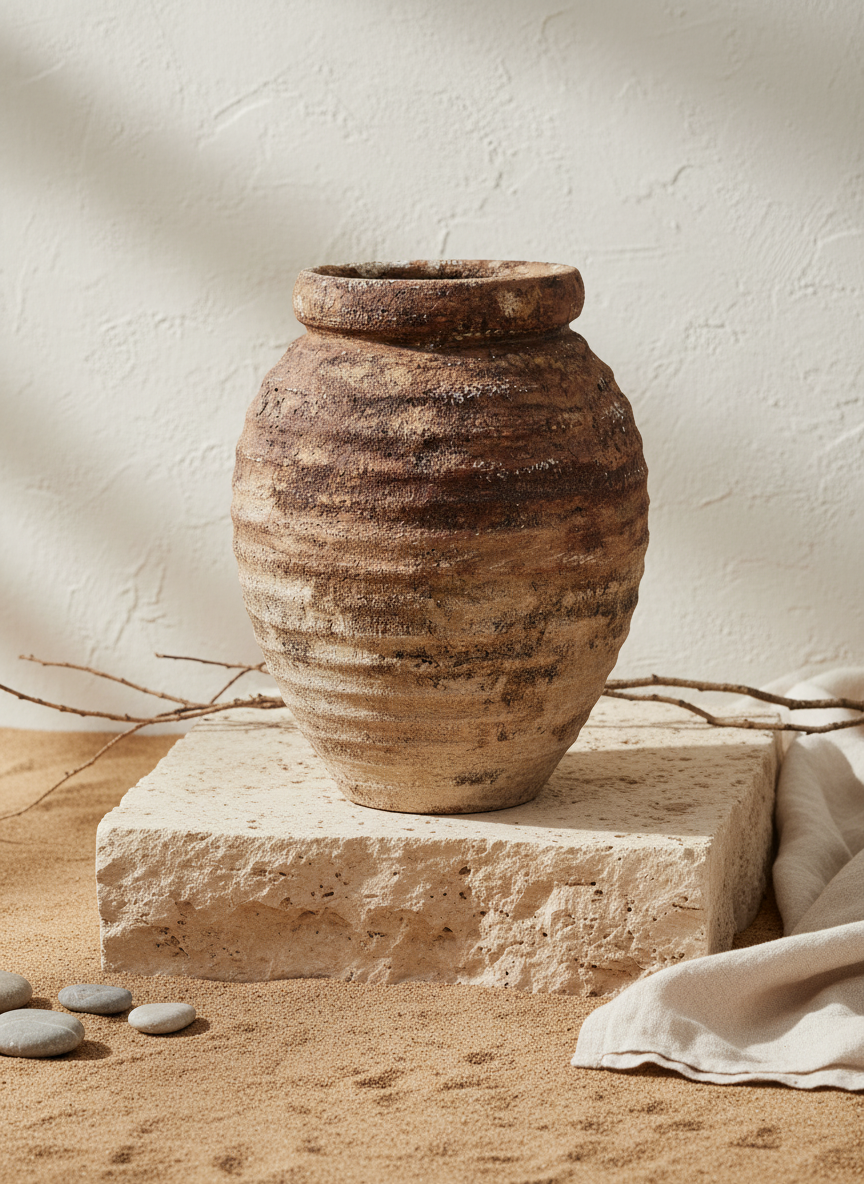 Vase rustique en terre cuite marron à surface texturée et silhouette arrondie