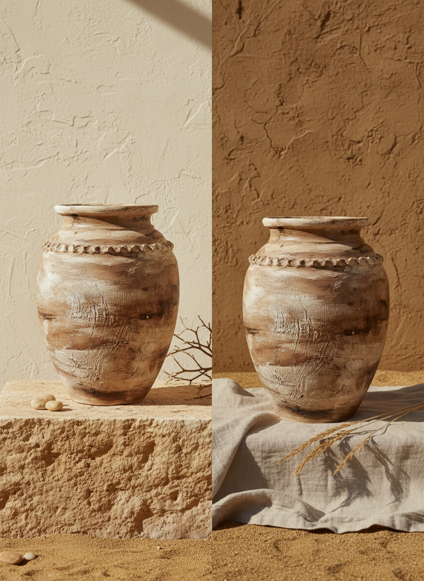 Vase décoratif rustique en terre cuite avec finition terreuse vieillie et bordure texturée