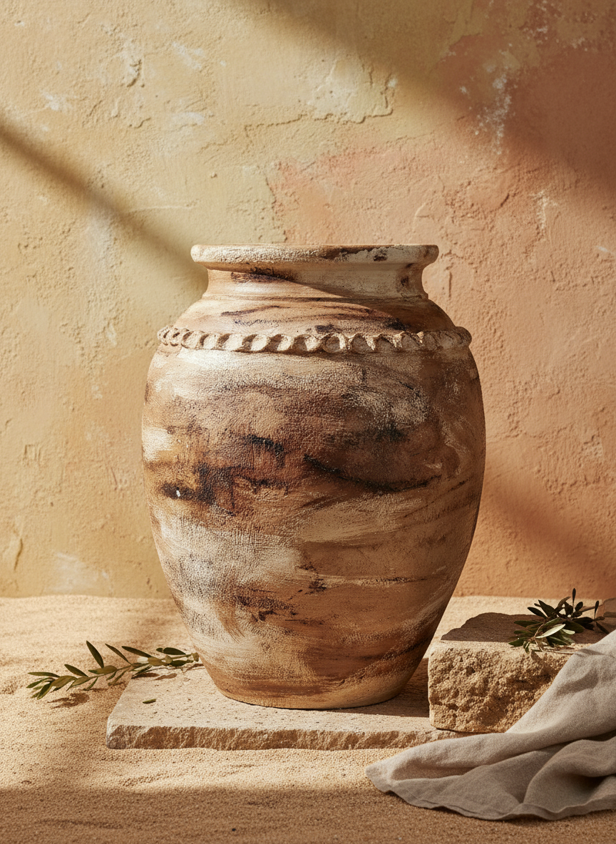 Rustikale dekorative Terrakotta-Vase mit verwitterter, erdiger Oberfläche und strukturiertem Rand