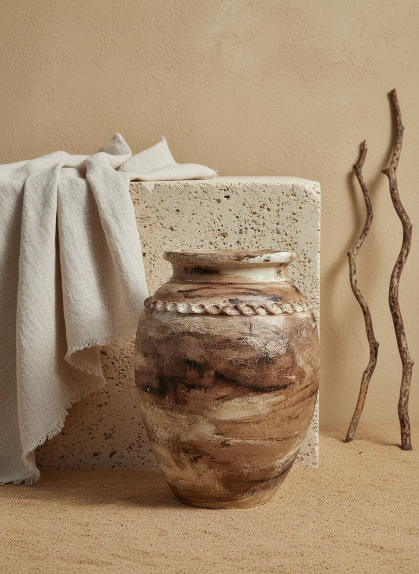 Rustikale dekorative Terrakotta-Vase mit verwitterter, erdiger Oberfläche und strukturiertem Rand