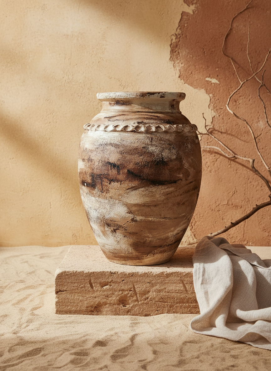 Rustikale dekorative Terrakotta-Vase mit verwitterter, erdiger Oberfläche und strukturiertem Rand