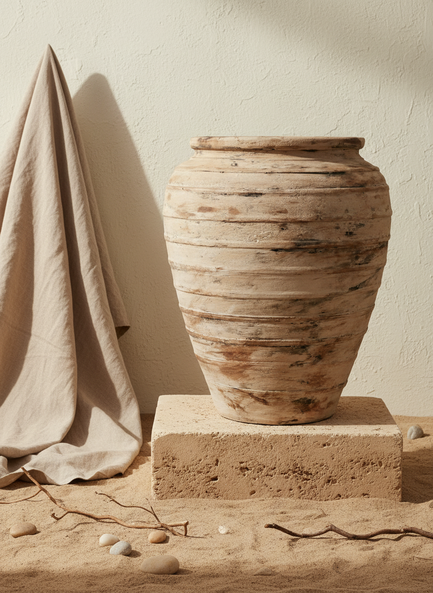 Rustic Beige Terracotta Plant Pot with Distressed Textured Ribbed Finish