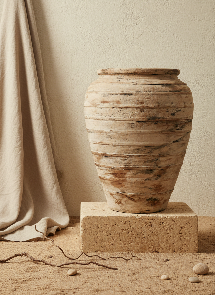 Rustic Beige Terracotta Plant Pot with Distressed Textured Ribbed Finish