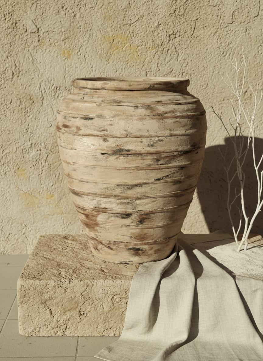 Rustic Beige Terracotta Plant Pot with Distressed Textured Ribbed Finish