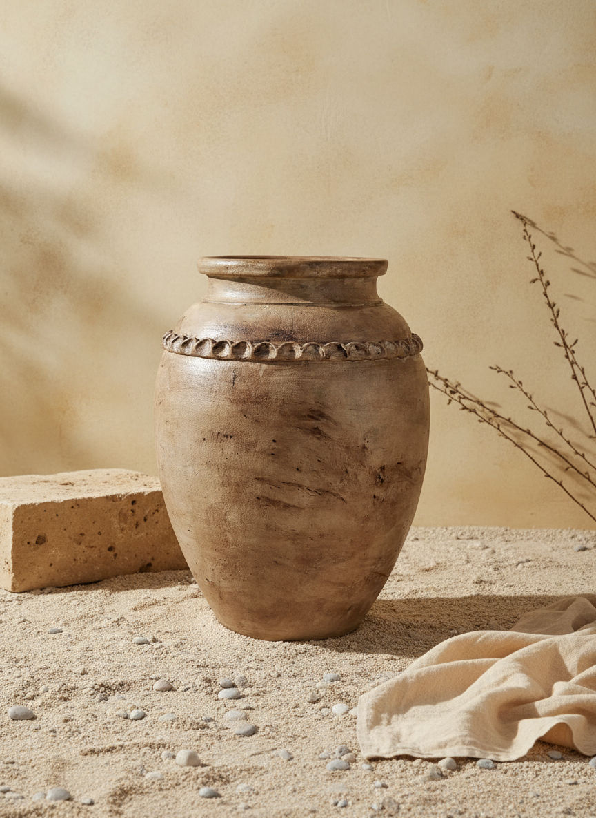 Rustieke aardse bruine terracotta vaas met decoratieve getextureerde schouderband