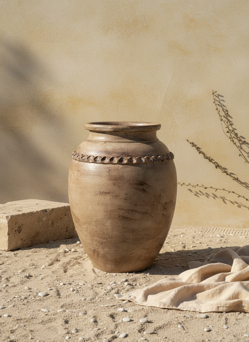 Vase rustique en terre cuite brun aux tons naturels avec bandeau décoratif texturé sur l'épaule