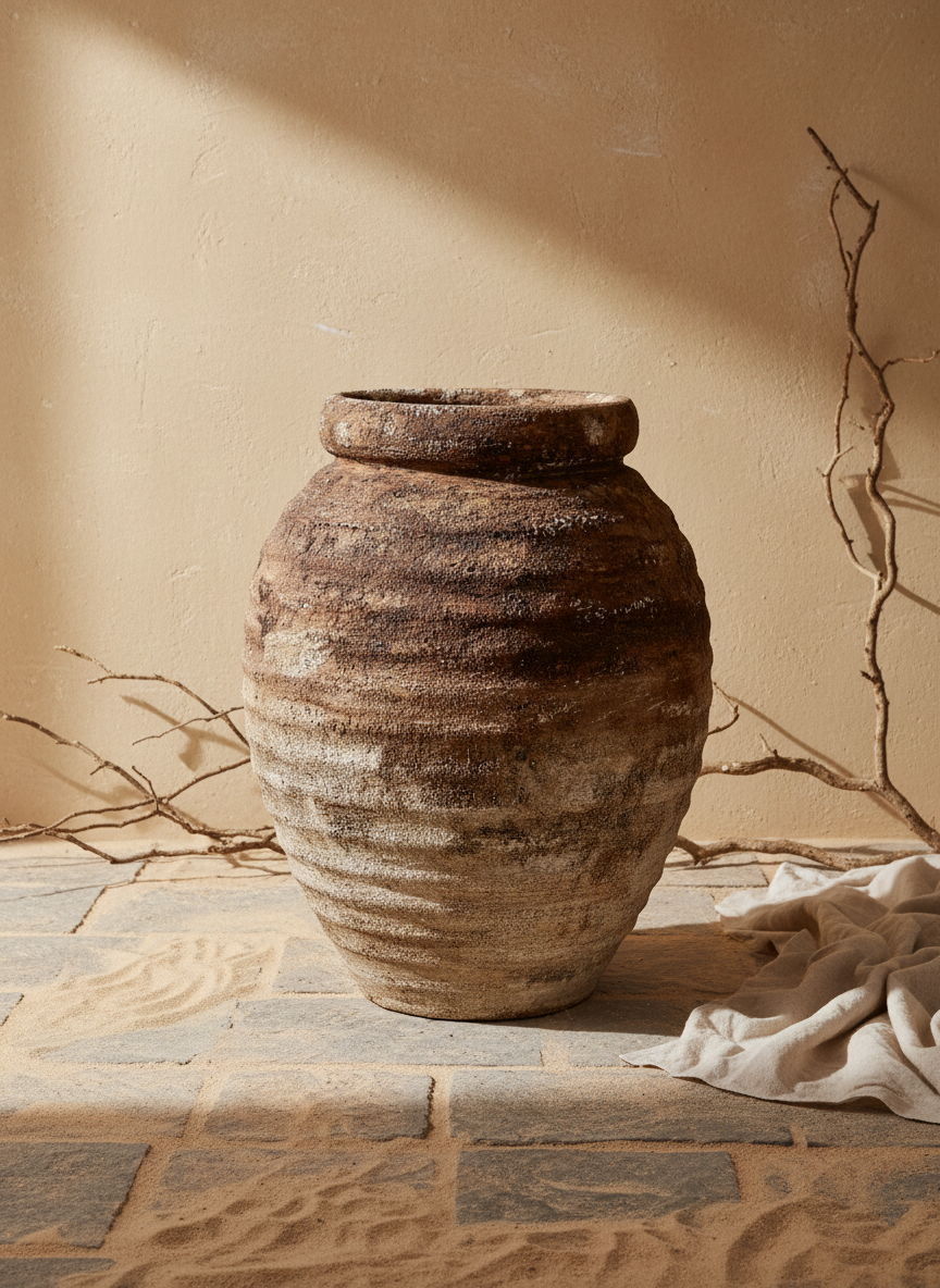 Vase rustique en terre cuite marron à surface texturée et silhouette arrondie