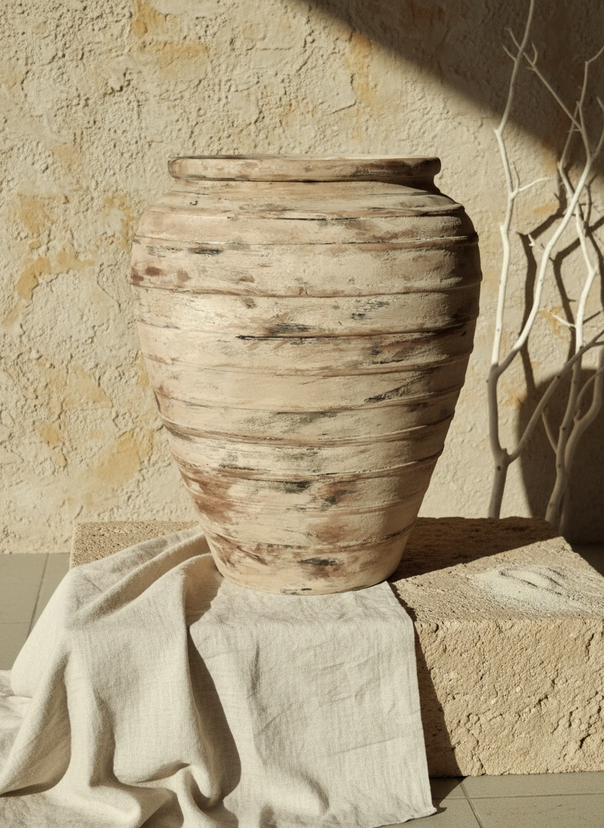 Rustic Beige Terracotta Plant Pot with Distressed Textured Ribbed Finish