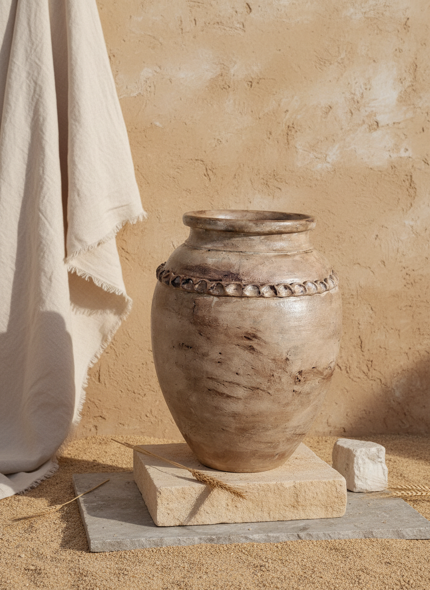Rustieke aardse bruine terracotta vaas met decoratieve getextureerde schouderband