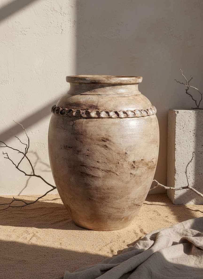 Vase rustique en terre cuite brun aux tons naturels avec bandeau décoratif texturé sur l'épaule