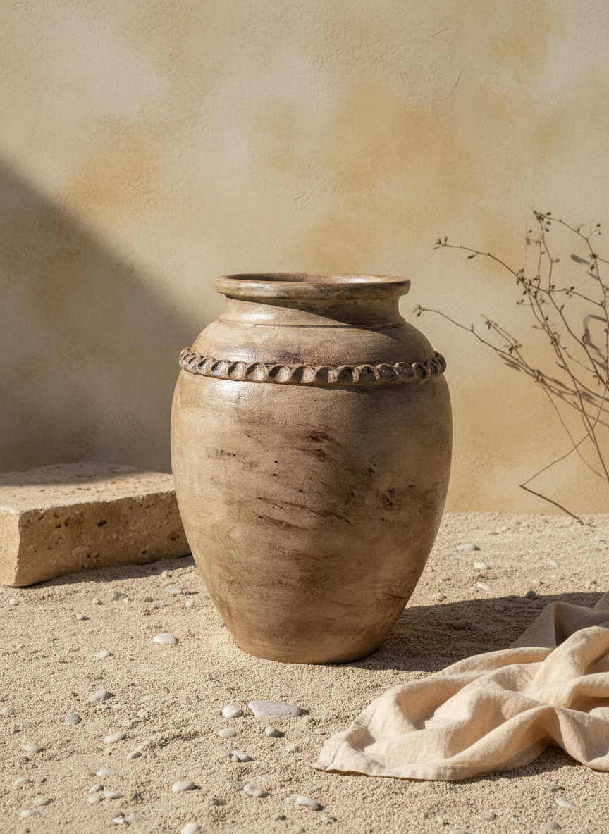 Vase rustique en terre cuite brun aux tons naturels avec bandeau décoratif texturé sur l'épaule