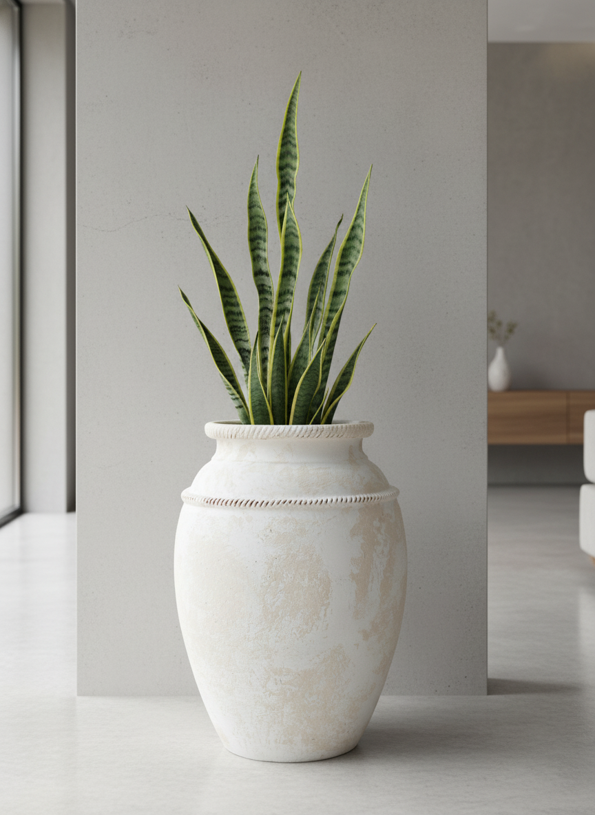 Pot de fleurs rustique en terre cuite crème avec détail décoratif en corde texturée