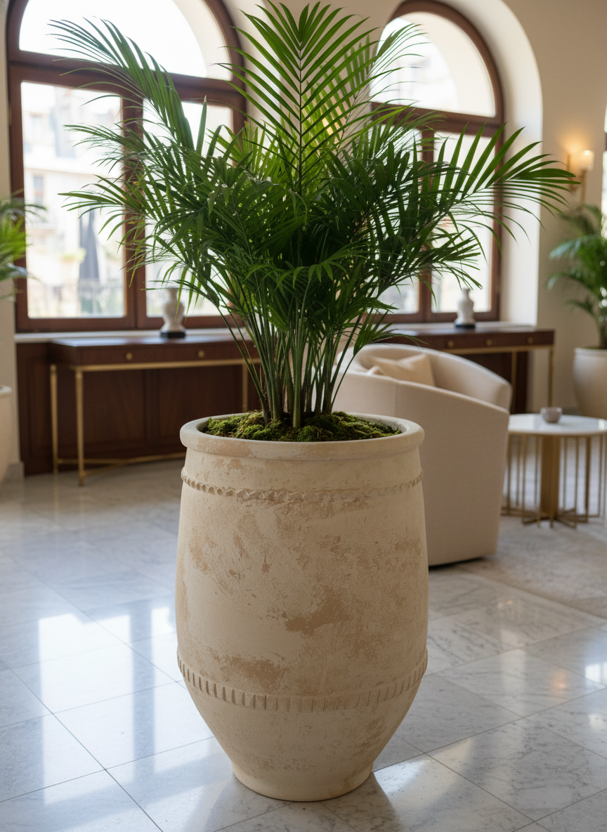 Pot en terre cuite crème rustique à texture vieillie et bandes décoratives