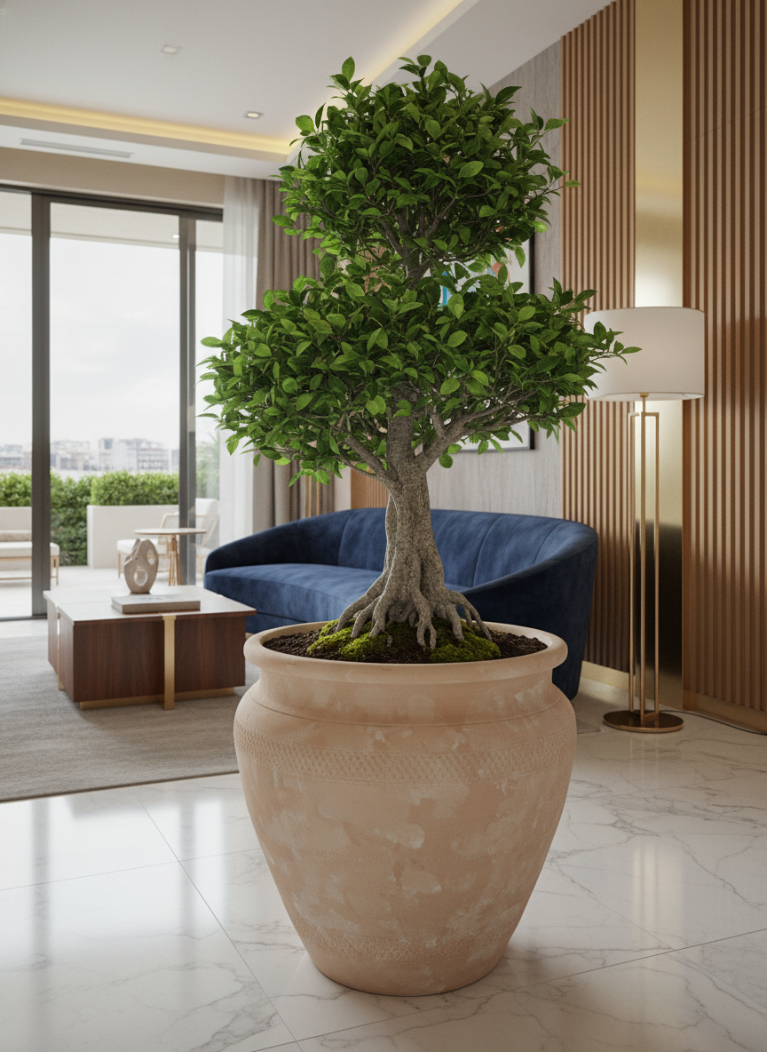Pot de fleurs rustique en terre cuite naturelle avec bandes texturées et rebord