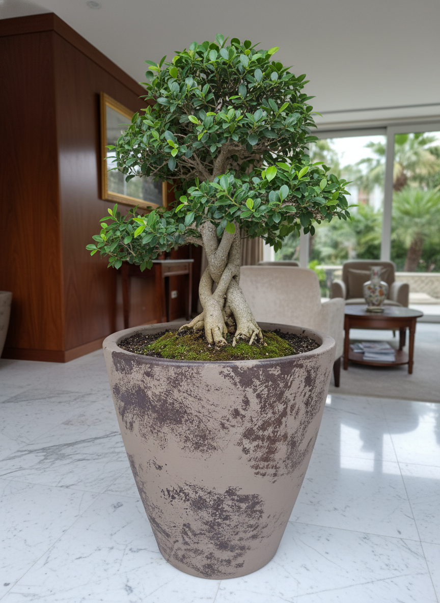 Rustieke taupe terracotta plantenbak met verweerde afwerking en taps toelopende vorm