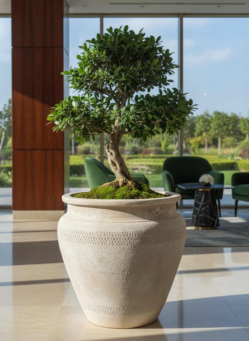 Pot en terre cuite beige rustique à surface texturée et silhouette arrondie