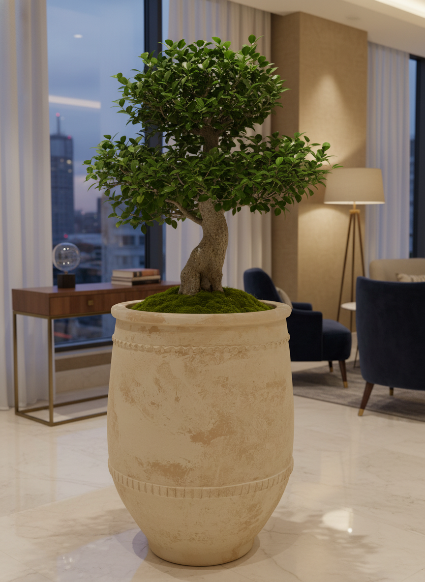 Pot en terre cuite crème rustique à texture vieillie et bandes décoratives
