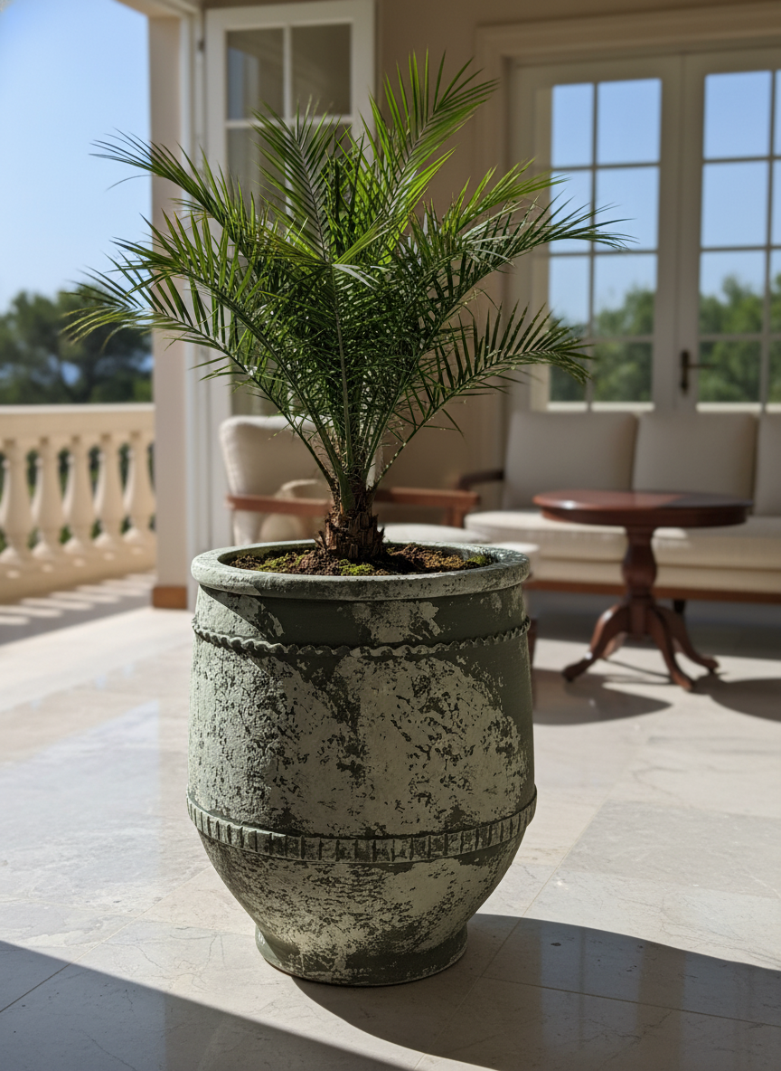Pot en terre cuite vert vieilli rustique à bandes décoratives pour jardins