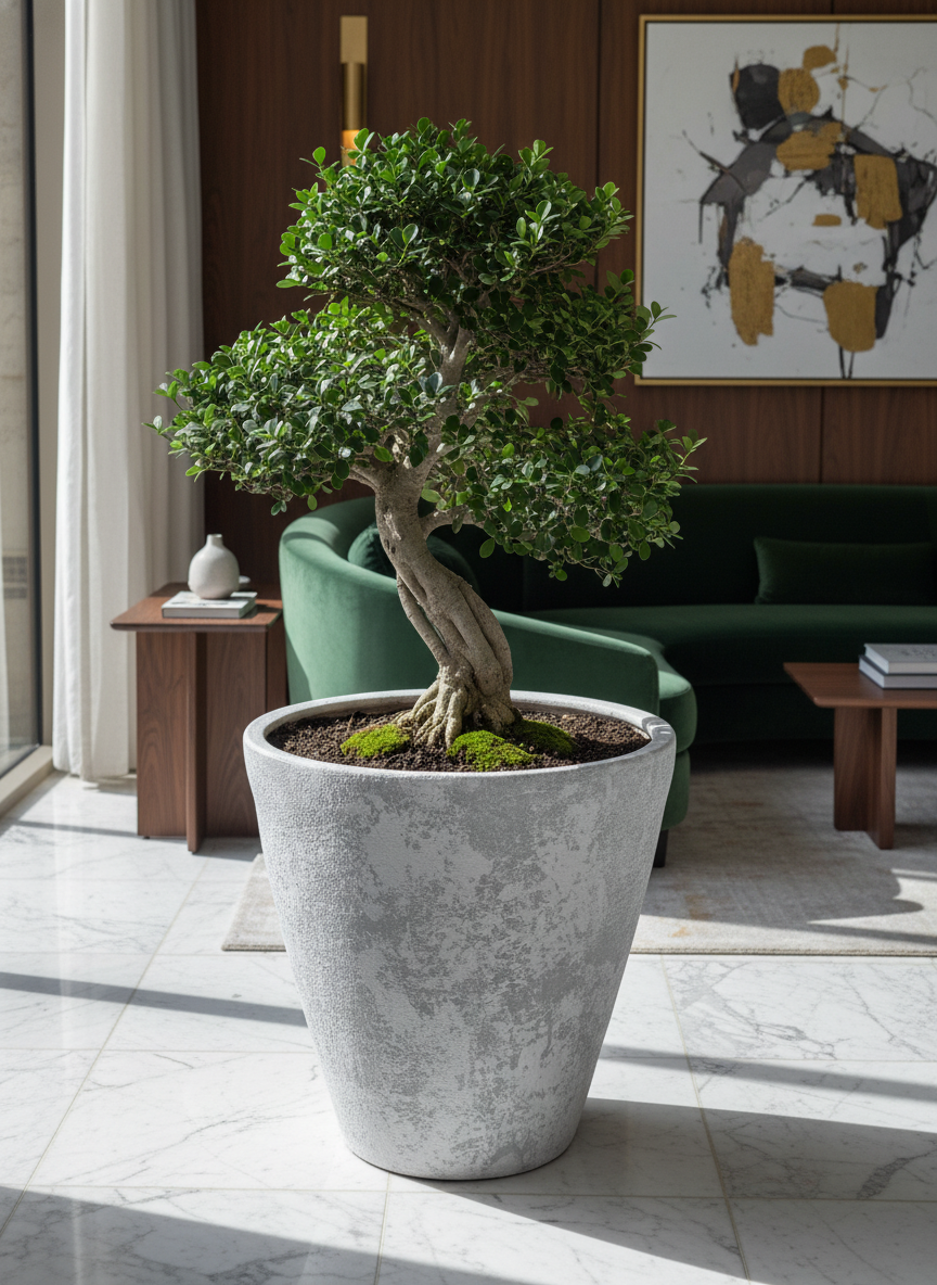 Pot en terre cuite gris clair rustique à finition texturée et forme effilée