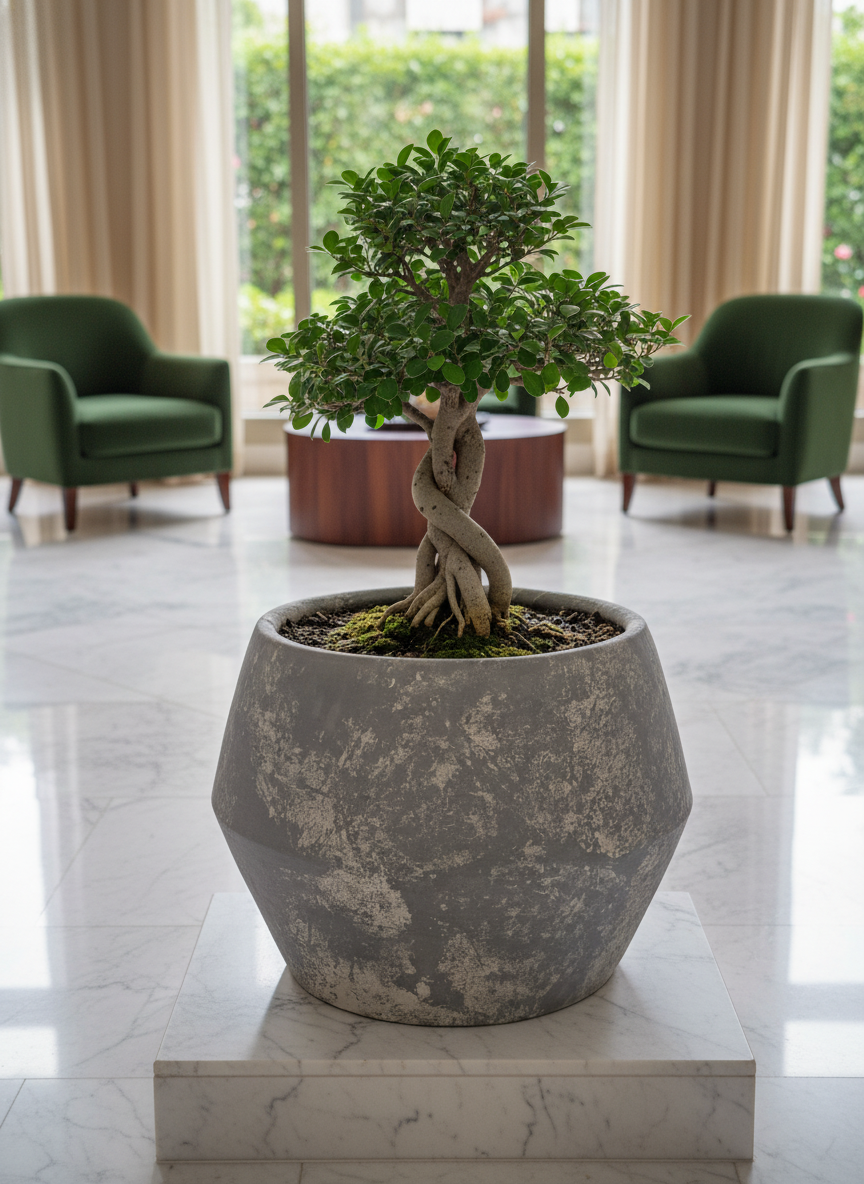 Pot en terre cuite gris rustique à finition texturée et silhouette géométrique