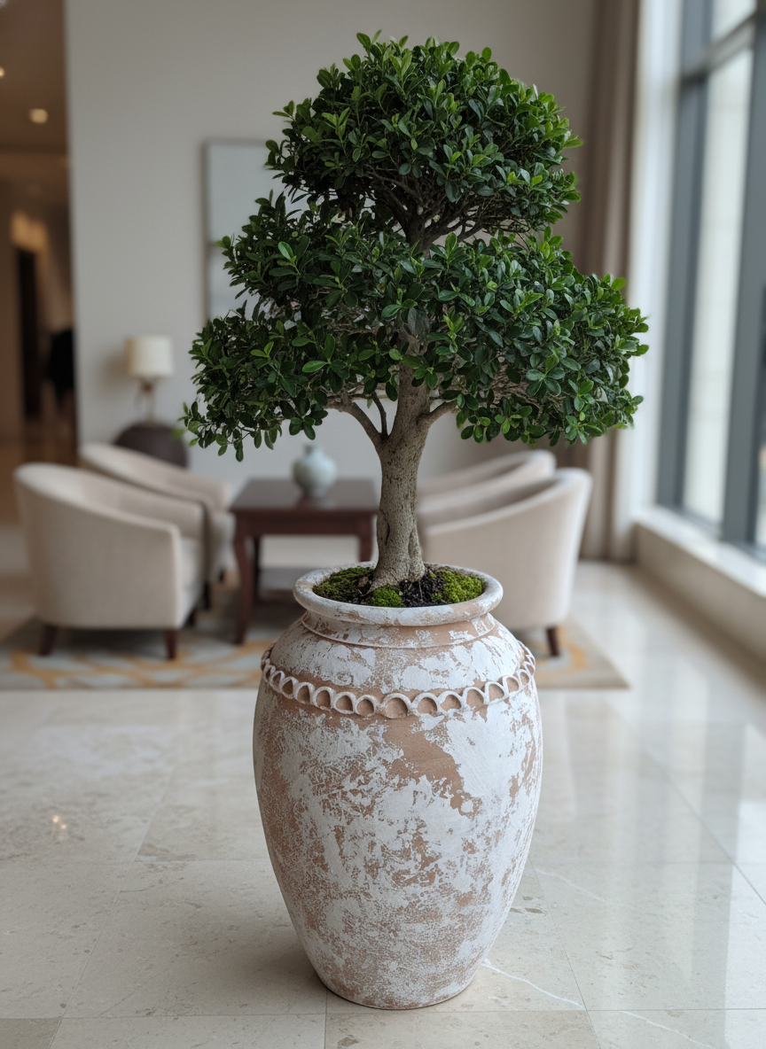 Vaso rustico in terracotta sbiancata con corpo arrotondato e bordo decorativo