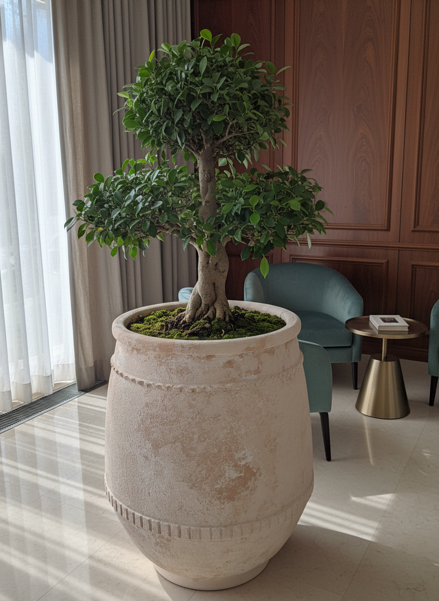Pot en terre cuite beige rustique à bandes texturées et profil arrondi