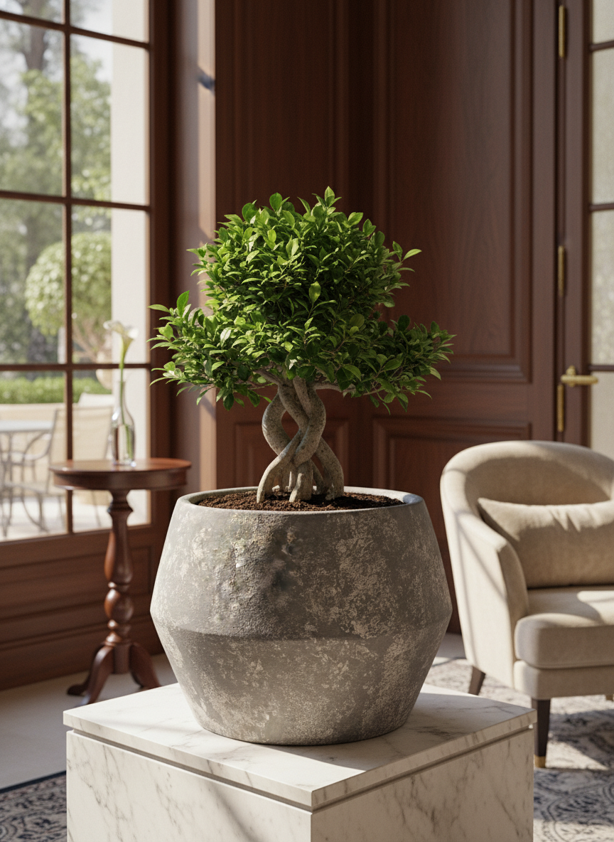 Pot en terre cuite gris rustique à finition texturée et silhouette géométrique