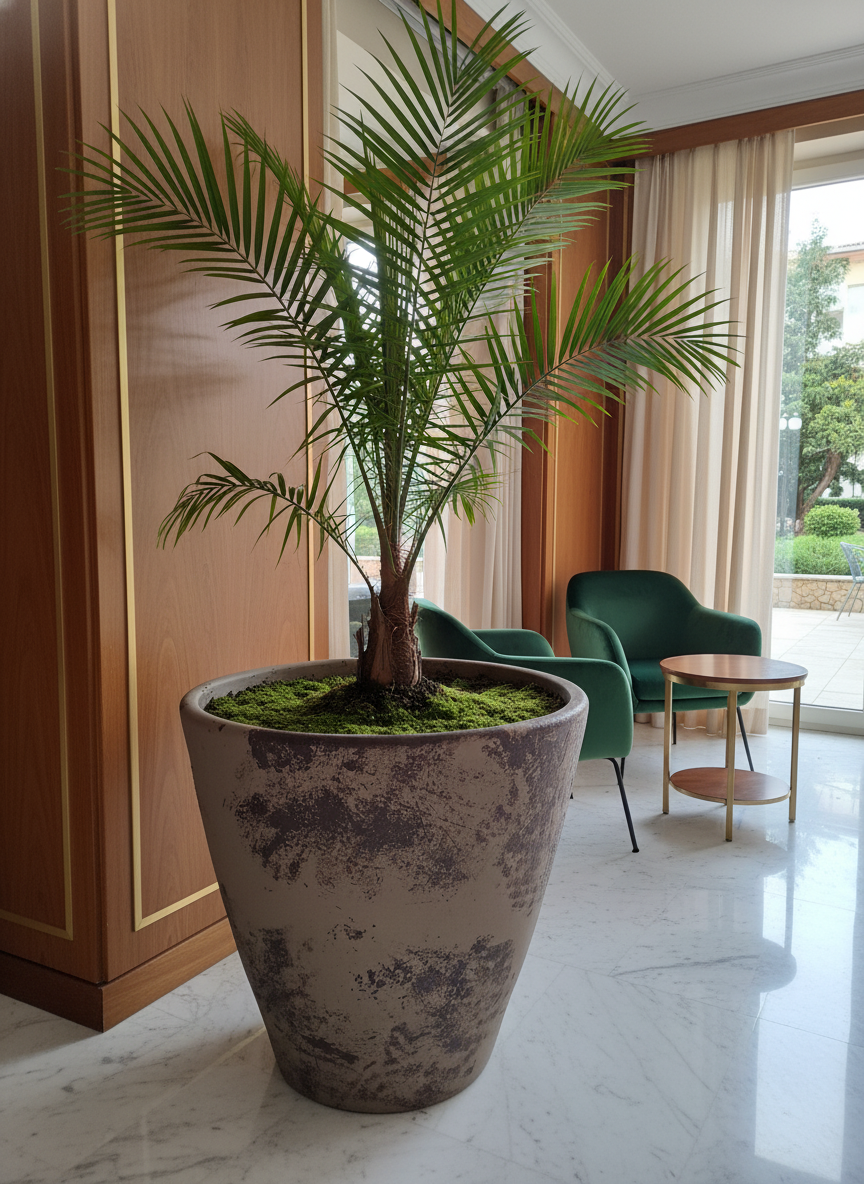 Rustieke taupe terracotta plantenbak met verweerde afwerking en taps toelopende vorm