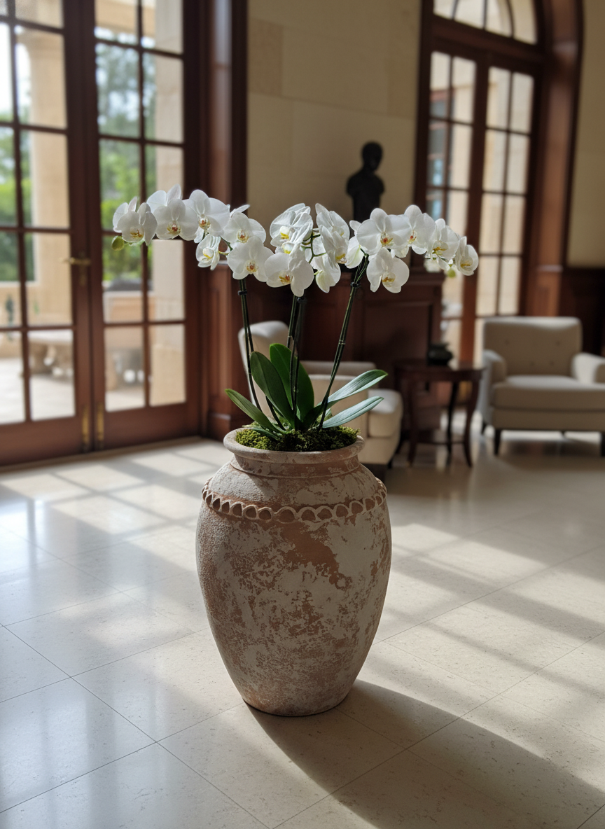 Vaso rustico in terracotta sbiancata con corpo arrotondato e bordo decorativo